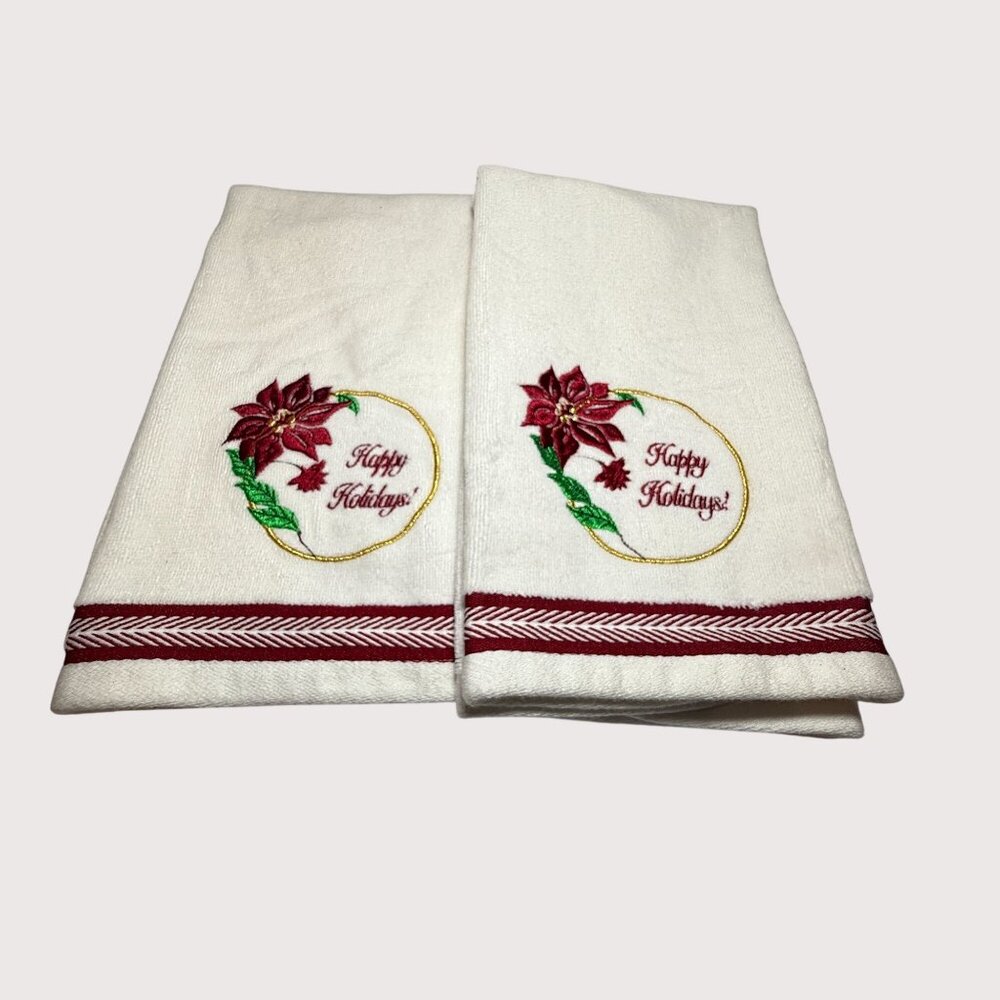 Kassa Fina Holiday Hand Towels Set‎ Of 2 Embroidered Happy Holidays Design Vtg
